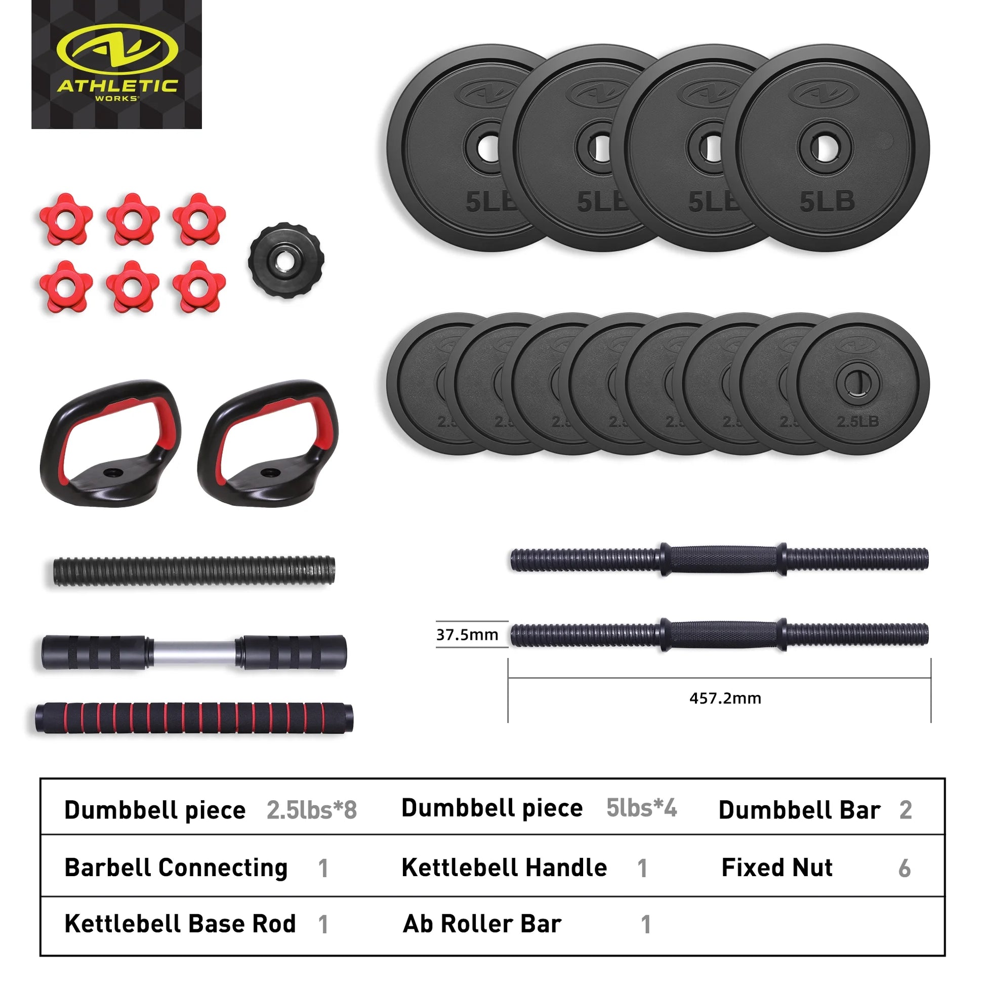40LB 5 in 1 Adjustable Dumbbell Set , Fitness Exercises for Home Gym, Black, 1-Inch Holes Fit Standard Sized Bar